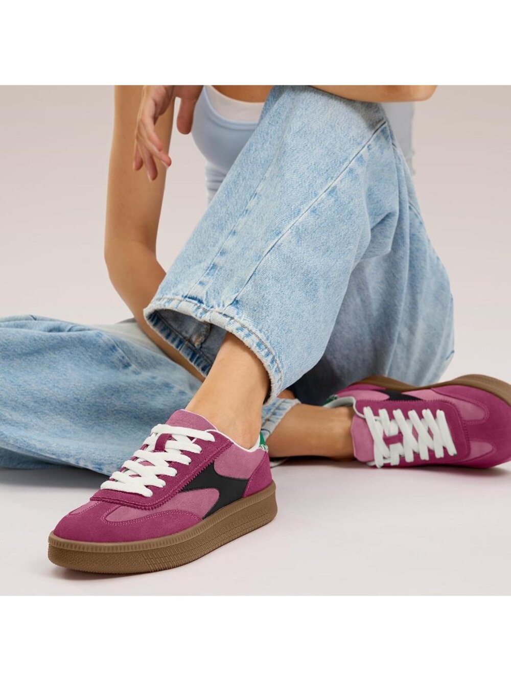 Women's Pink Multi Suede Fashion Classic Retro Gum Sole Walking Trendy Sneakers - Picture 2 of 6